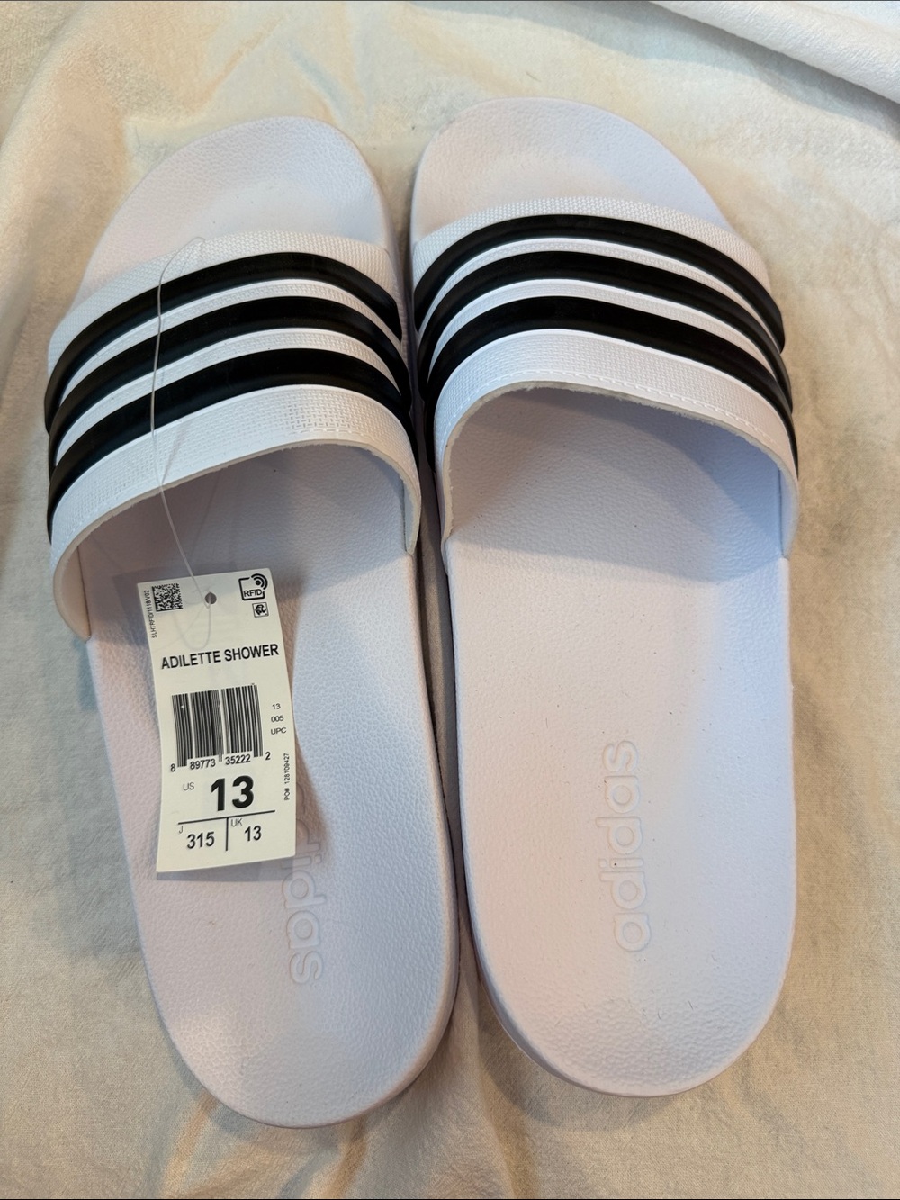 adidas White Slide Sandals with Black Stripes